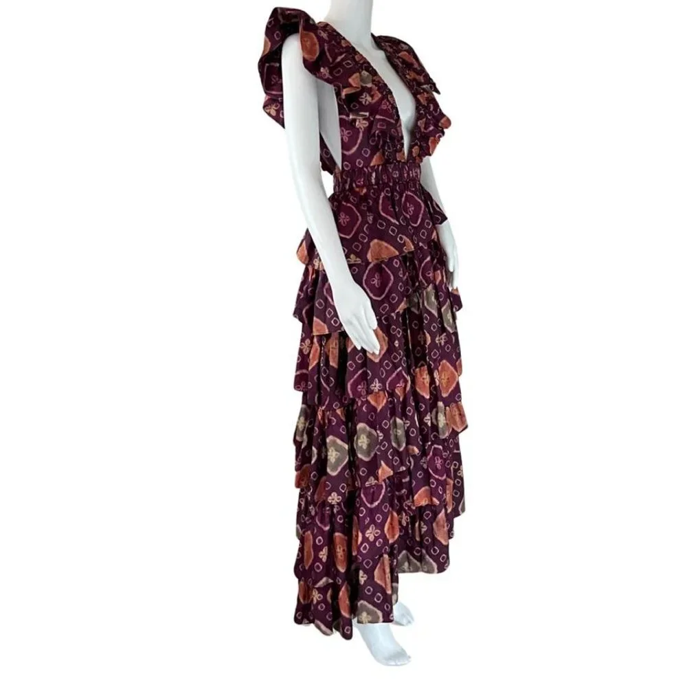 Ulla Johnson Women's Viola Asymmetric Floral Print Tiered Silk Dress Purple Sz 2 - Picture 4 of 10